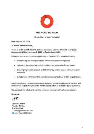 Letter of experience from The Word 360